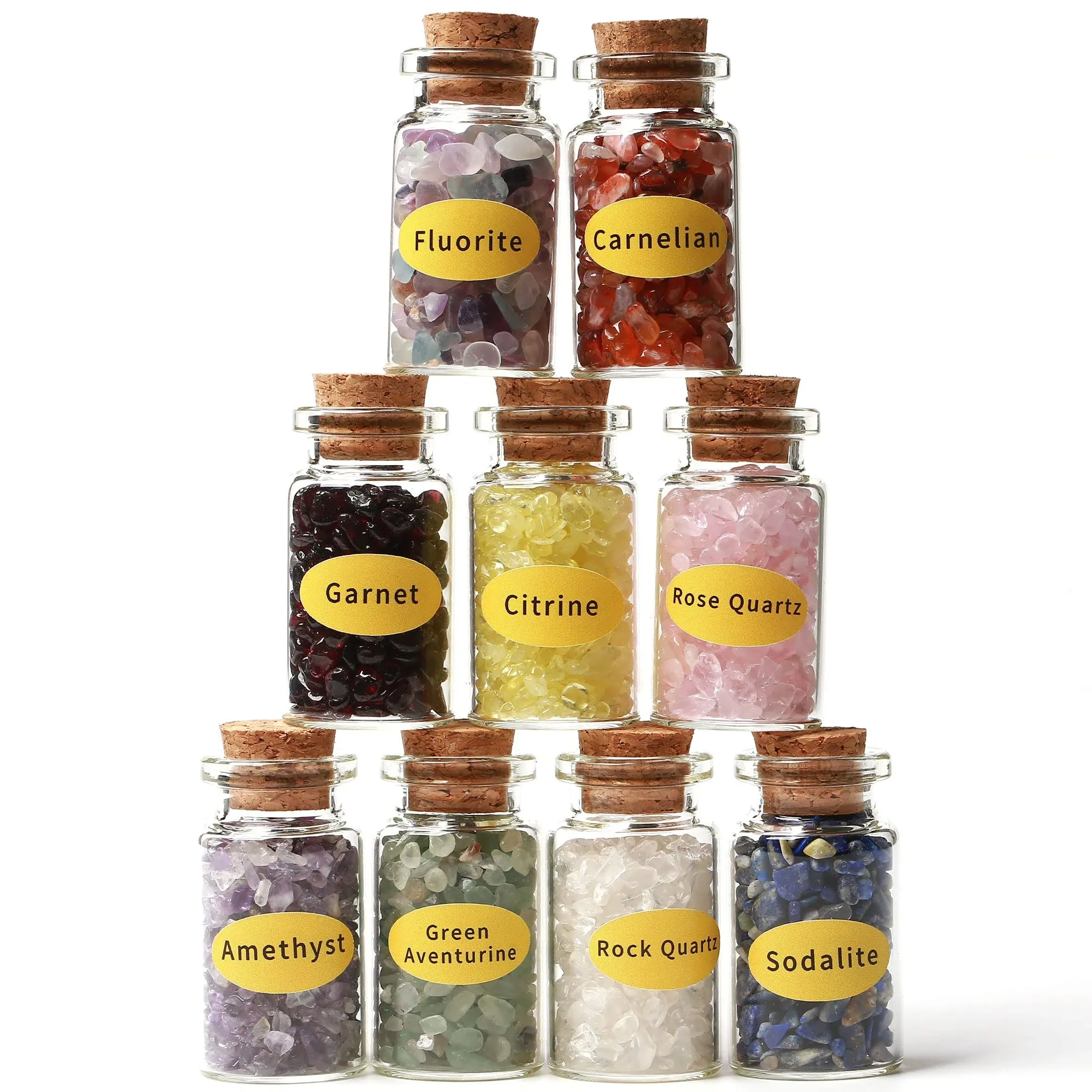 A Set of 9 Different Crystal Gemstone Chips in Glass Bottles-Chakra Healing Tumbled Gem Reiki Wiccan Stones Set