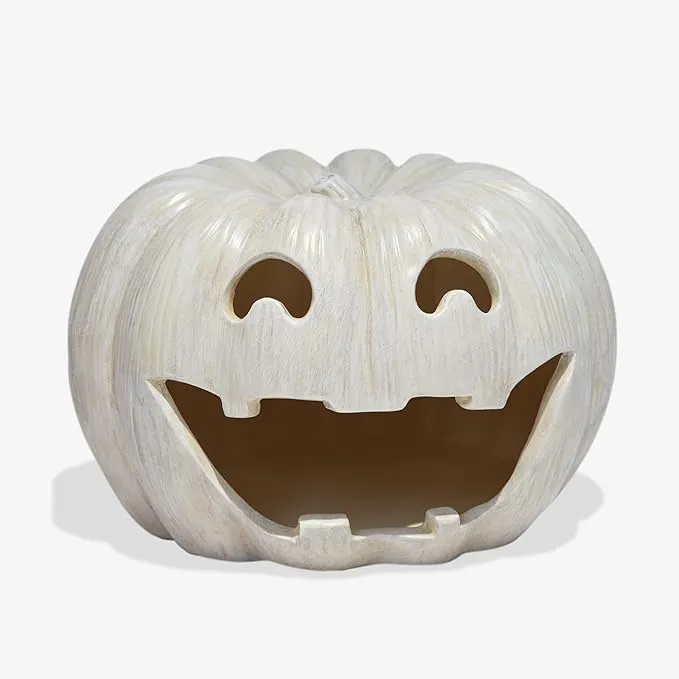 Luminara Perfectly Pale Jack-o'-Lantern Pumpkin Tealight Holder (10" x 6.75") Dry Brush Resin Halloween Decorations for Holiday Party Home