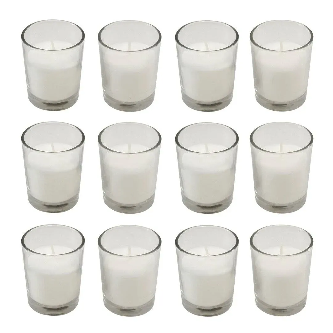 LumaBase Set of 12 White Glass Votive Candle Holders with Wax Candles - Traditional Style, Indoor Use, 15 Hour Burn Time