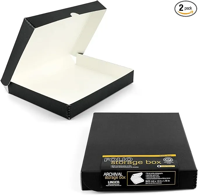 Lineco 9x12 Black Clamshell Archival Folio Storage Box, Acid-Free with Metal Edge. Preserves Photos Longevity, Organize Documents, Crafts. (Pack of 2)