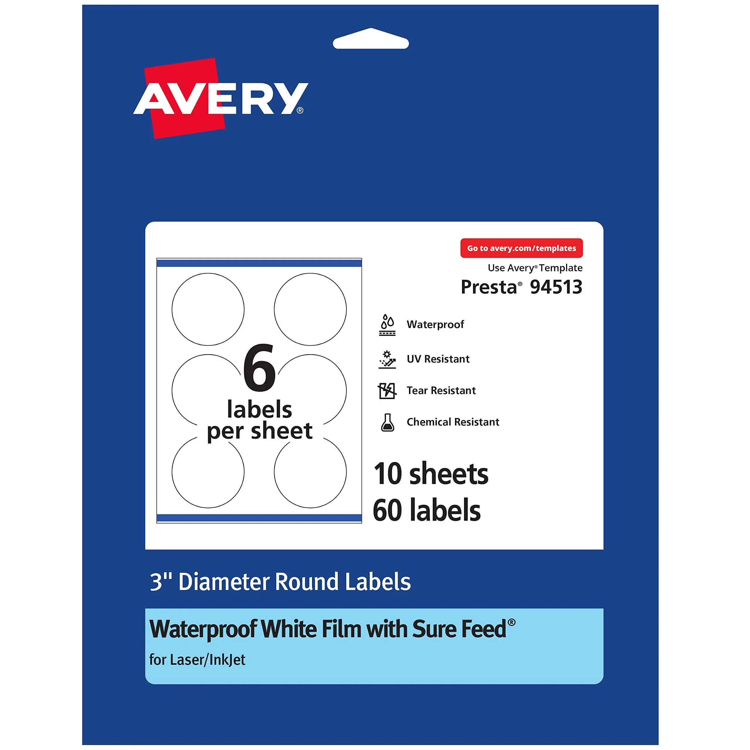 Avery Durable Waterproof Round Labels with Sure Feed, Print to The Edge, 3" Diameter, 60 Oil and Tear-Resistant Labels, Laser/Pigment-Based Inkjet Printable Labels (36590)