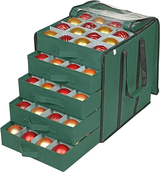 ProPik Christmas Ornament Storage Boxes with Dividers - 5 Separate Trays - Ornament Holder - Keeps 100 Holiday Ornaments - Durable Carrying Bag Handles Organizer Storage Box (Green)