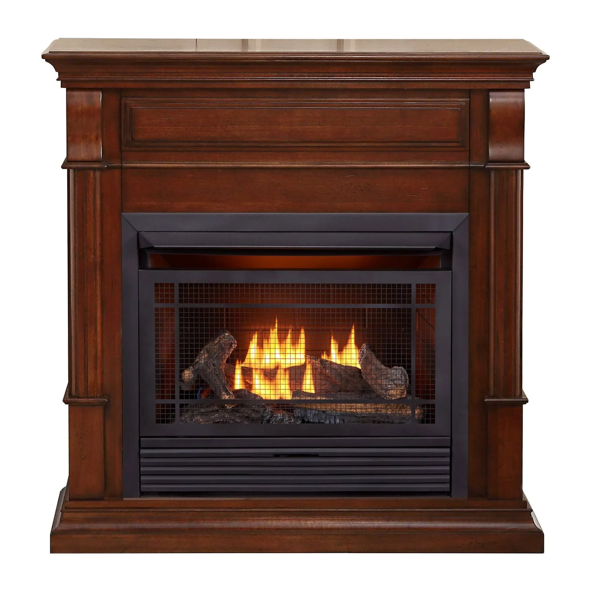 Duluth Forge Dual Fuel Ventless Gas Fireplace System with Mantle, Thermostat Control, 5 Fire Logs, Use with Natural Gas or Liquid Propane, 26000 BTU, Heats up to 1350 Sq. Ft., Auburn Cherry Finish