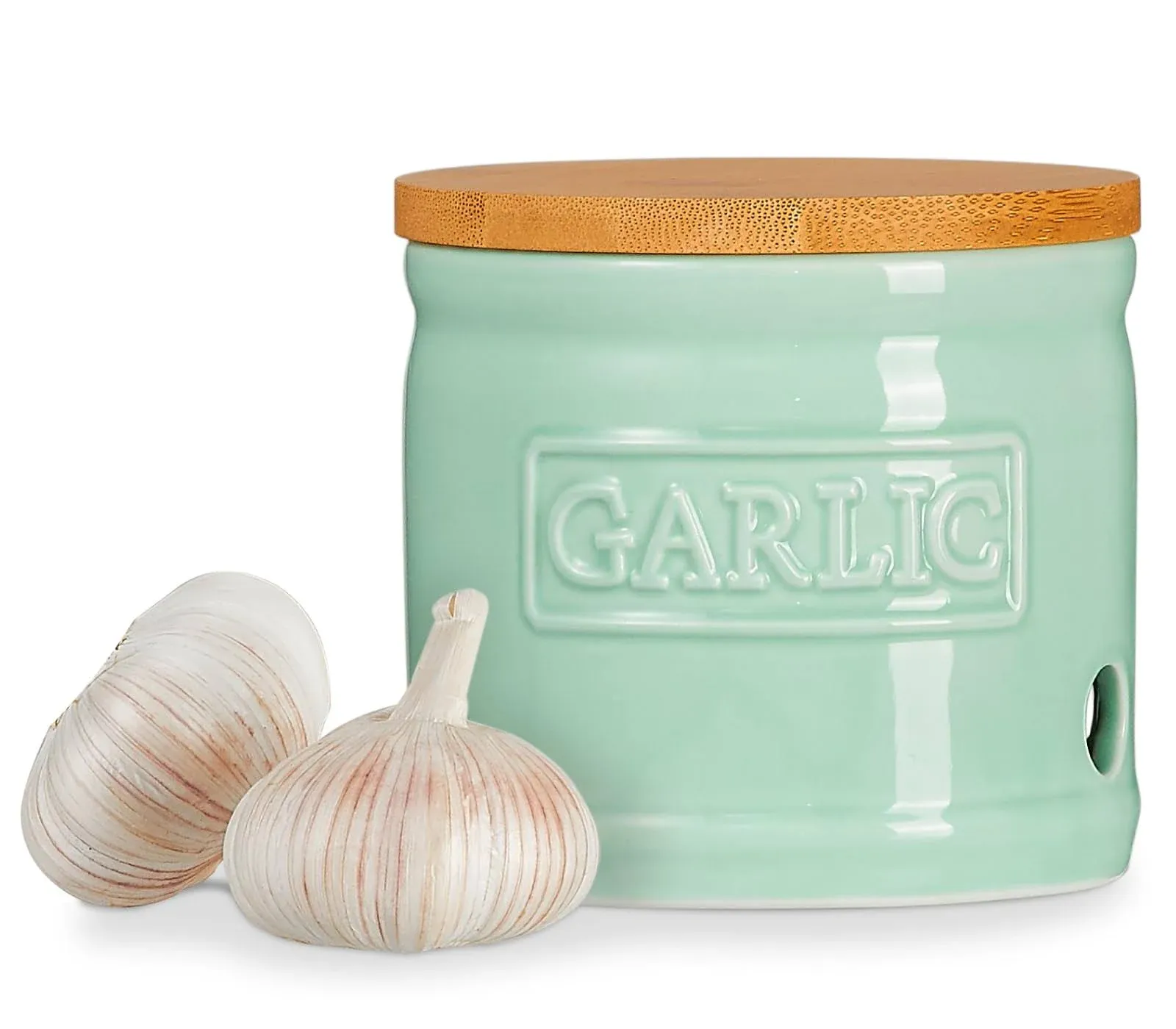 ONEMORE Garlic Keeper for Counter, Garlic Holder Countertop Storage Container, Garlic Saver Keeper with Lid, Ceramic Garlic Jar for Kitchen, Mint Green