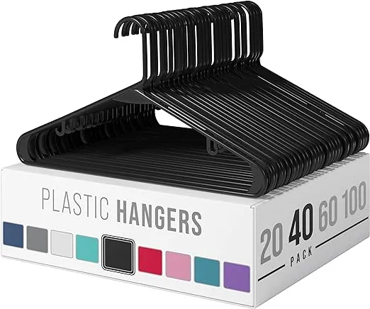 NEATERIZE Clothes Hangers Plastic 40 Pack - Black Plastic Hangers - Makes The Perfect Coat Hanger and General Space Saving Clothes Hangers for Closet