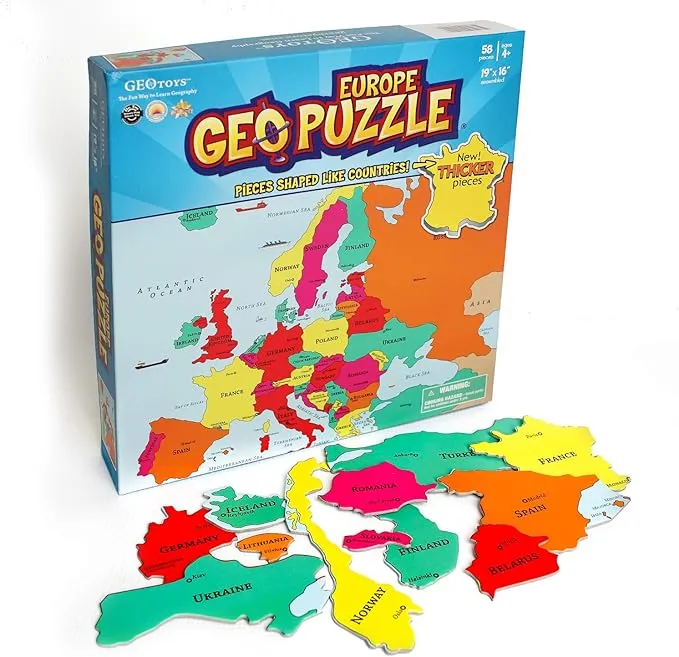 GeoToys GeoPuzzle, Europe Shaped Jigsaw Puzzles, 58 Pc Geography Puzzle, Geography Game & Map Puzzle, Jigsaw Puzzles for Kids Ages 6-7-8-9 Years Old