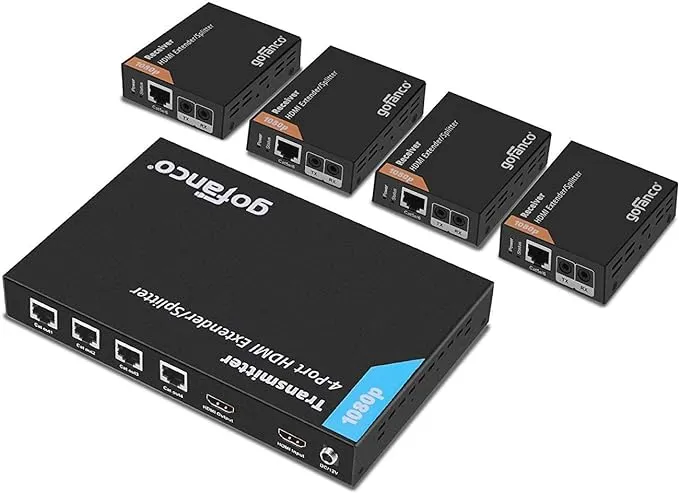 gofanco Prophecy 1080p 1x4 HDMI Extender Splitter Over Cat5e/Cat6/Cat7 Ethernet Cable with HDMI Loopout - Up to 50m/165ft - EDID Management, Bi-Directional IR Control, 1 in 4 Out (HDExt4P-Pro)