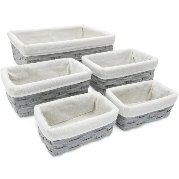 5 Piece Grey Wicker Baskets with Cloth Lining for Storage, Lined Bins for