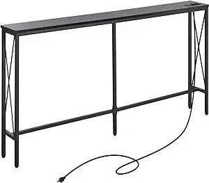 ELYKEN 7.9” Console Table with Power Outlet, 7.9" Dx63 Wx31.5 H Sofa Table for Living Room, Long Slim Entryway Table with 6.5’ Extension Cord, Black Skinny Couch Table with Metal Frame for Hallway