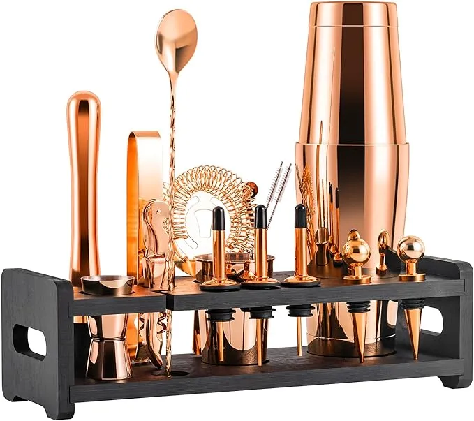 Soing 24-Piece Cocktail Shaker Set,Perfect Home Bartender Kit for Drink Mixing,Stainless Steel Bar Tools with Stand,Velvet Carry Bag & Recipes Cards Included (Rose copper)