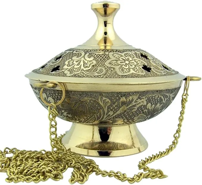 RSGL Charcoal Incense Burner Gold Tone Over Brass Hanging Censer with Chain