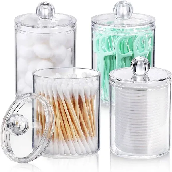 4 Pcs, Acrylic Qtip Holder Dispenser for Cotton Ball, Cotton Swab, Cotton Round Pads, Floss - Clear Plastic Apothecary Jar Set for Bathroom Canister Storage Organization, Vanity Makeup Organizer