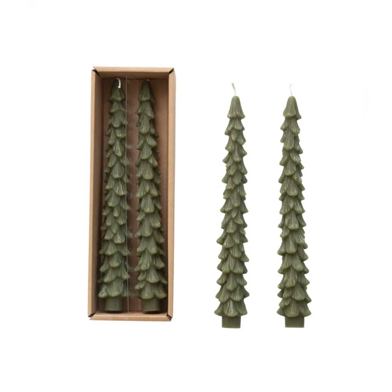 Unscented Tree Shaped Taper Candles 10” Set of 2 Green