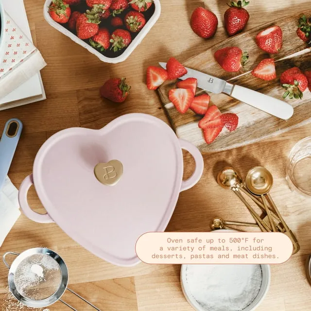 Beautiful 2QT Cast Iron Heart Dutch Oven, Pink Champagne by Drew Barrymore