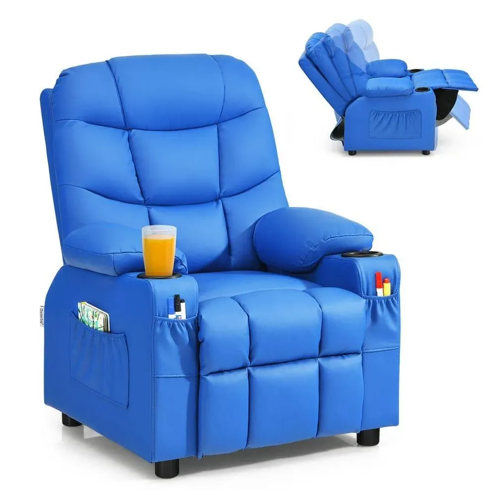 Costway Kids Youth Recliner Chair PU Leather w/Cup Holders & Side Pockets