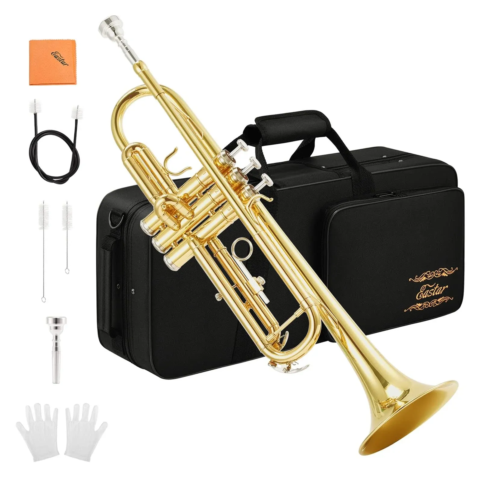 Eastar Bb Standard Trumpet Set for Beginner, Brass Student Trumpet Instrument with Hard Case, Cleaning Kit, 7C Mouthpiece and Gloves, ETR-380N, Silver