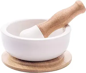 Porcelain Mortar and Pestle Set – Pill Crusher, Spice Grinder, Herb Bowl, Pesto Powder – Molcajete for Salt - Plus Lid/Non-Slip Base