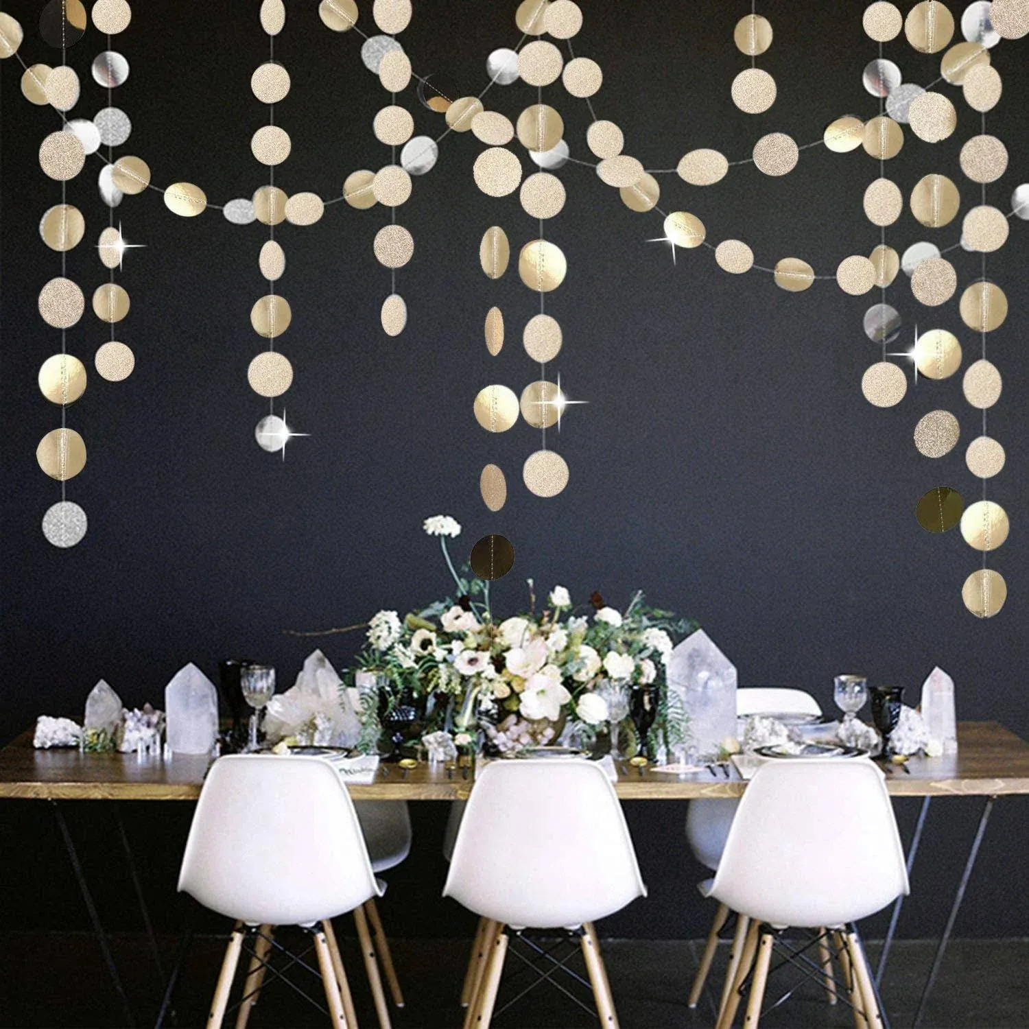 Oumuamua 5pcs Glitter Champagne Gold Paper Circle Dots Garland Banners Streamers ...