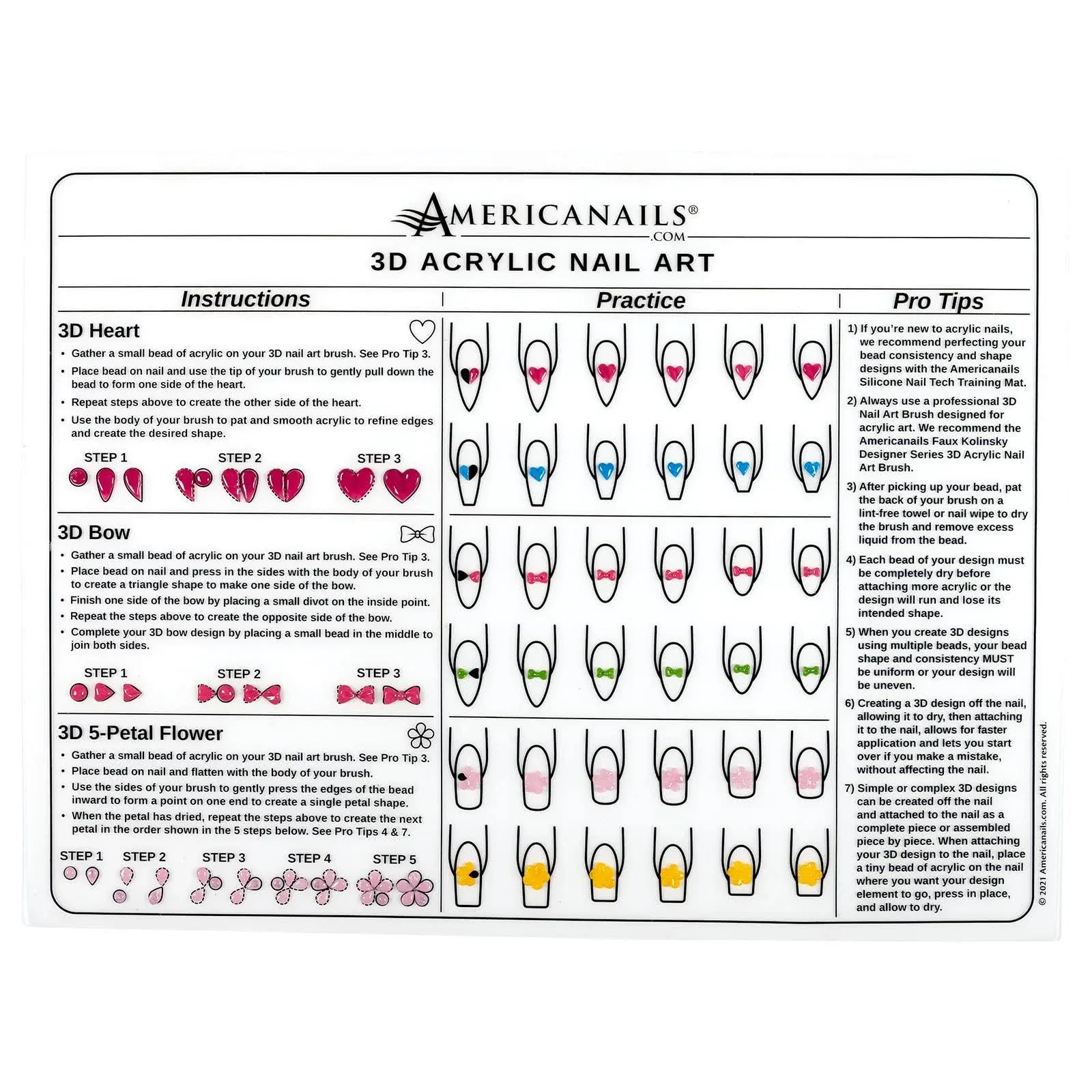 Americanails 3D Acrylic Nail Art Training Mat - Silicone Trainer Sheet for 3D Acrylic Nail Art Design - Step-by-Step Instructions & Diagrams - Create Hearts, Bows & Flowers - Protects Desk Surface