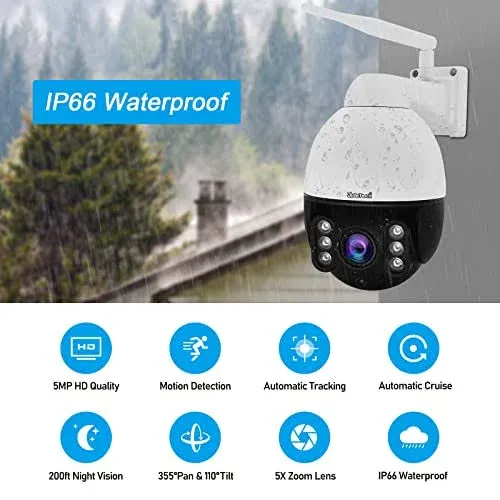 PTZ Camera Outdoor,5MP 5X Optical Zoom WiFi IP Camera with 360° Rotate and 30 Meter View Distance/Human Detection & Auto Tracking/Two Way Audio/IP66 Waterproof/Night Vision