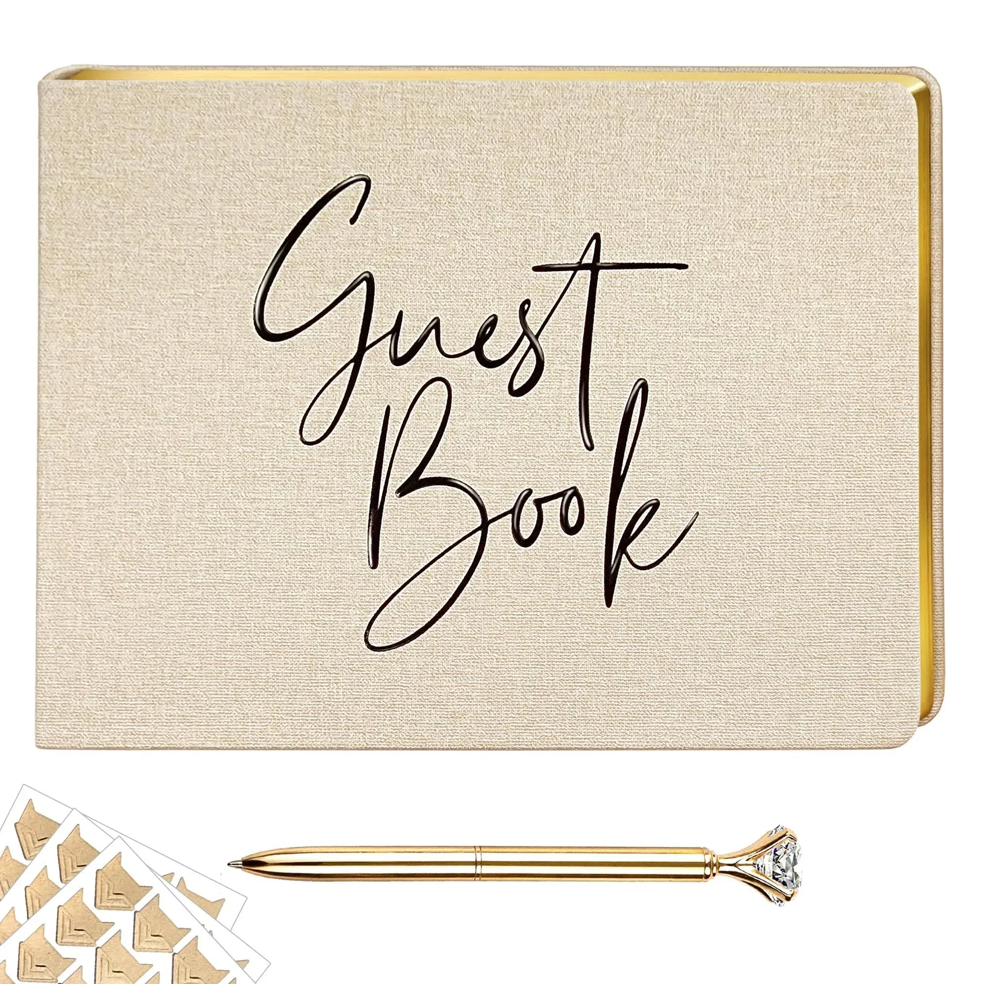 Wedding Guest Book, Guest Book Wedding Reception with Diamond Pen and Photo Corners, 100 Pages Linen Guest Sign in Book Comes in a Box, Baby Shower Guest Book and Special Events