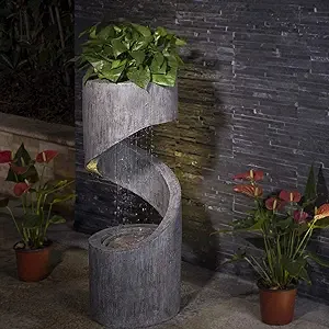 Glitzhome Decorative Tiered Outdoor Water Fountain with LED Light, Curved Waterfall Fountain with Stone Planter, Patio Water Fountain Garden Waterfall, 31.3”H