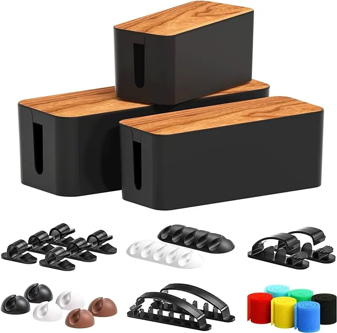 Cable Management Box 2 Pack with 16 Cable Clips Set-Large & Medium & Small Wooden Style Cable Organizer Box to Hide Wires&Power Strips | Cord Organizer Box | Cable Organizer for Home & Office [Black]