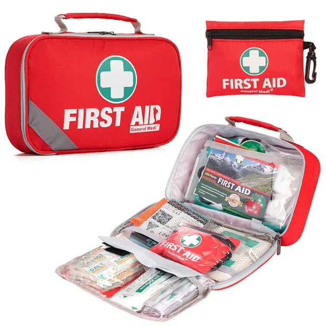 General Medi 2-in-1 First Aid Kit (215 Piece Set) + 43 Piece Mini First Aid Kit -Includes Ice(Cold) Pack, Moleskin Pad and Emergency Blanket for Travel, Home, Office, Car, Workplace