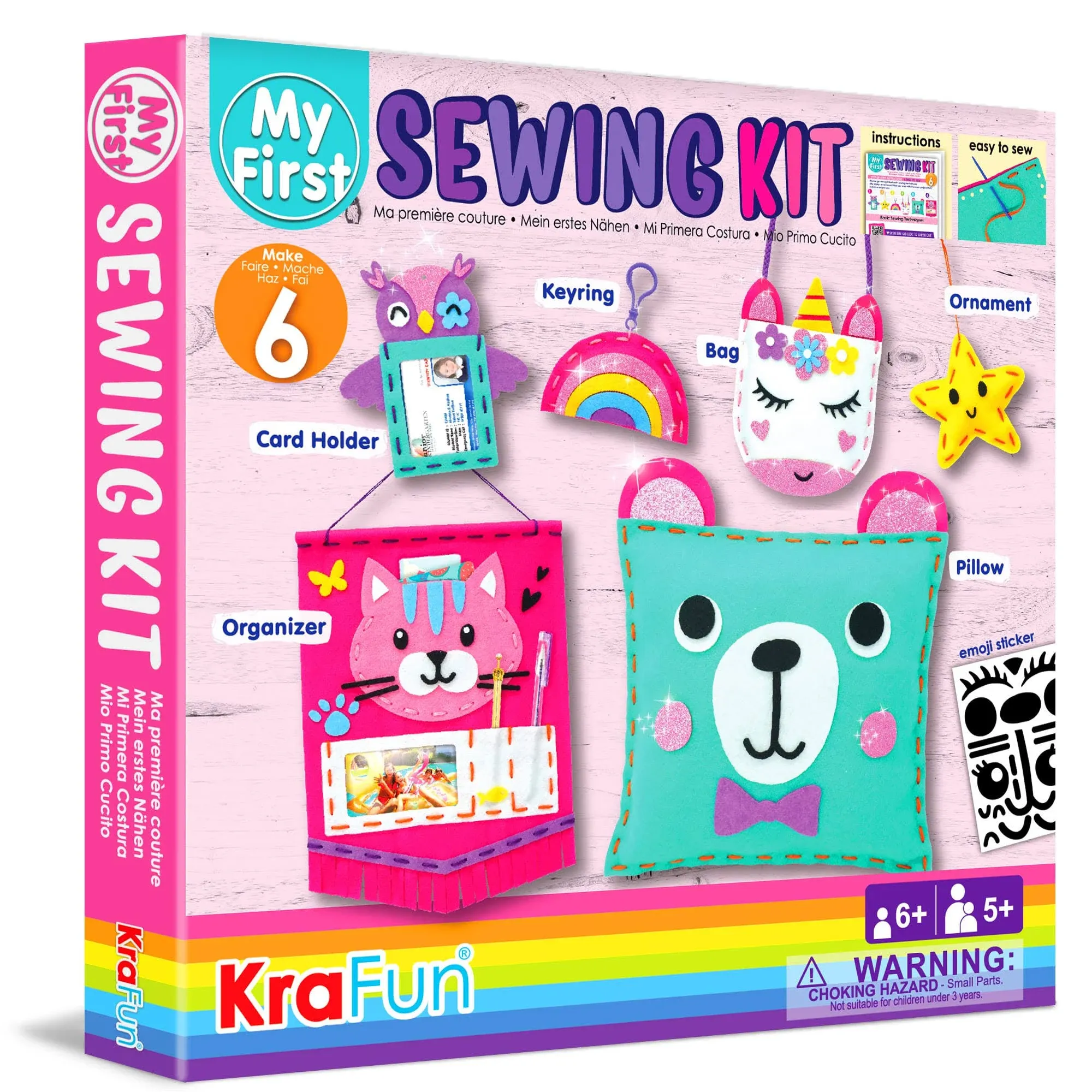 KRAFUN My First Sewing Kit for Beginner Kids Arts & Crafts, 6 Easy DIY Projects of Stuffed Animal Dolls and Plush Pillow Craft