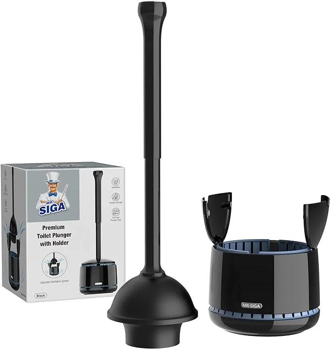 MR.SIGA Toilet Plunger with Holder, Heavy Duty Toilet Plunger and Holder Combo for Bathroom Cleaning, Black