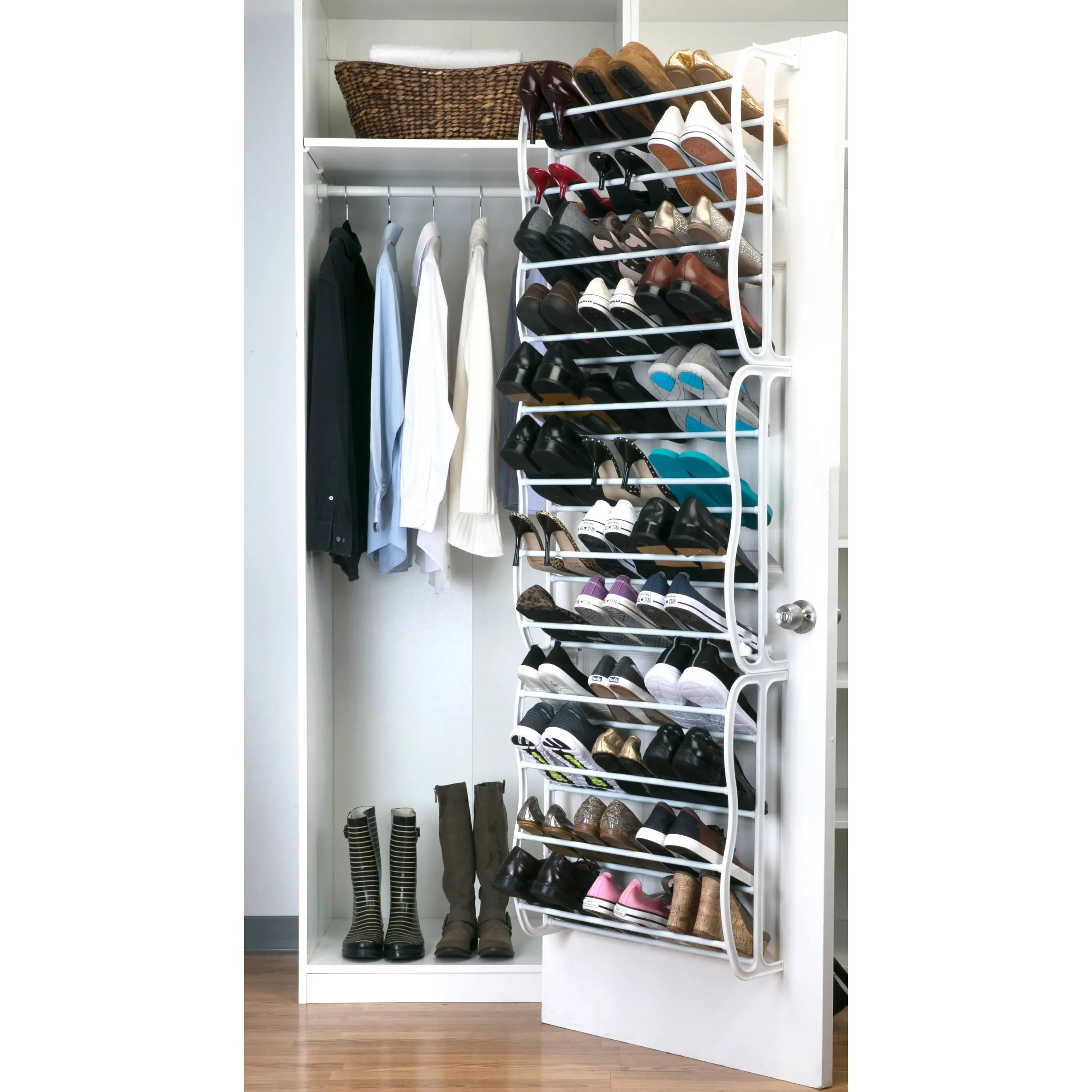 Simplify 36 Pair Adjustable Hanging Over the Door Shoe Rack, 12 Tier, in White