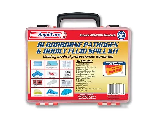 Rapid Care First Aid 839-LGBBK-1 Premium Bloodborne Pathogen & Bodily Fluid Spill Clean Up Kit, OSHA Compliant, Wall Mountable, 10" x 8" x 3.5",Red/Clear