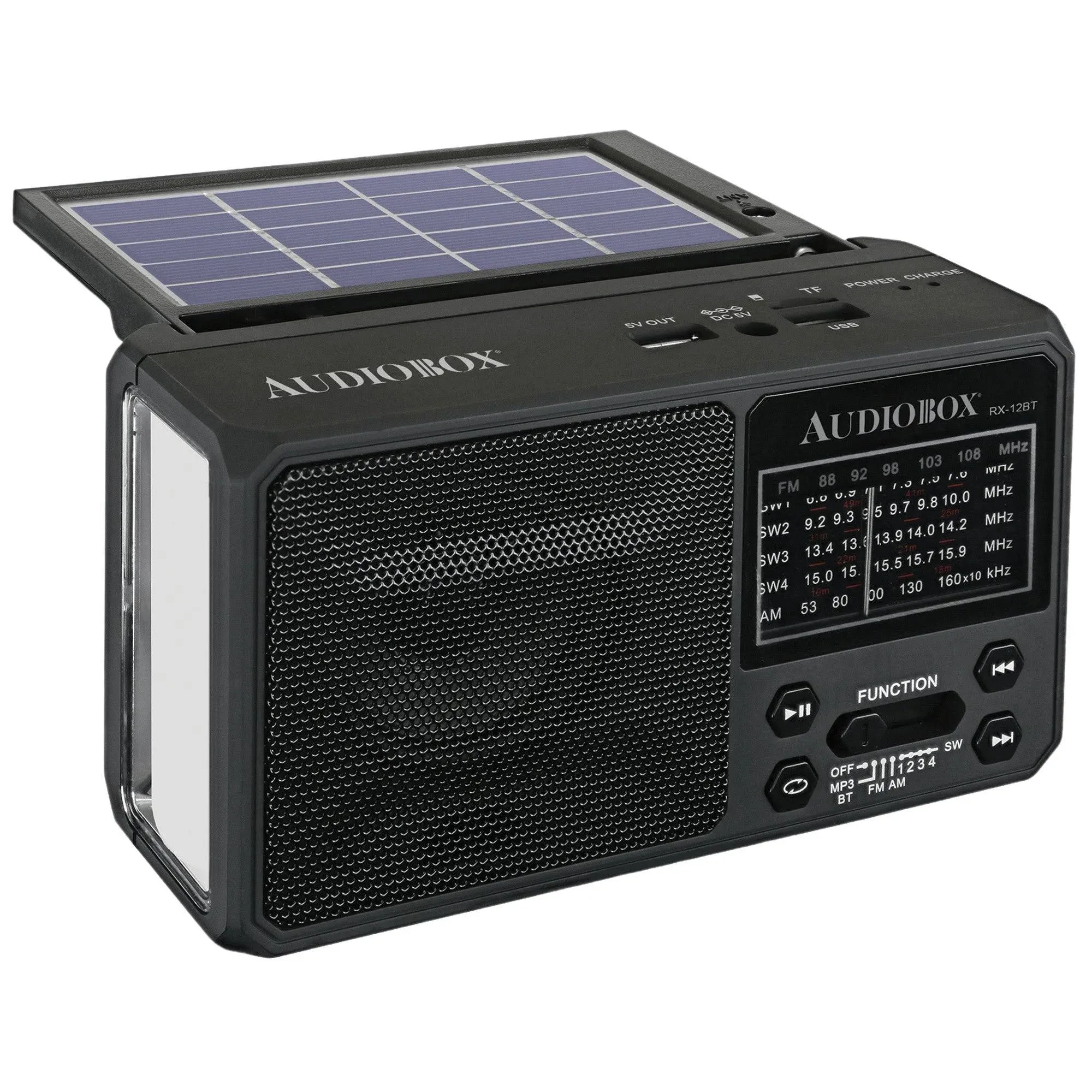 AUDIOBOX RX-12BT Portable AM FM SW Bluetooth Solar Radio ,LIGHT, Cell Phone chgr