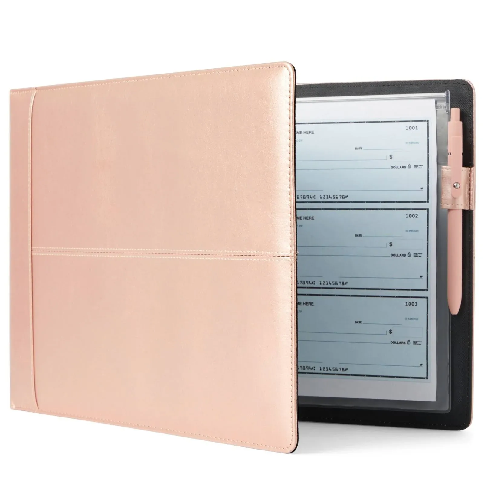 Juvale 7 Ring Business Check Binder for Checkbooks Organization, Financial Records, Personal and Corporate Use, Rose Gold Faux Leather Folder for 600 Checks (14 x 10 Inches)