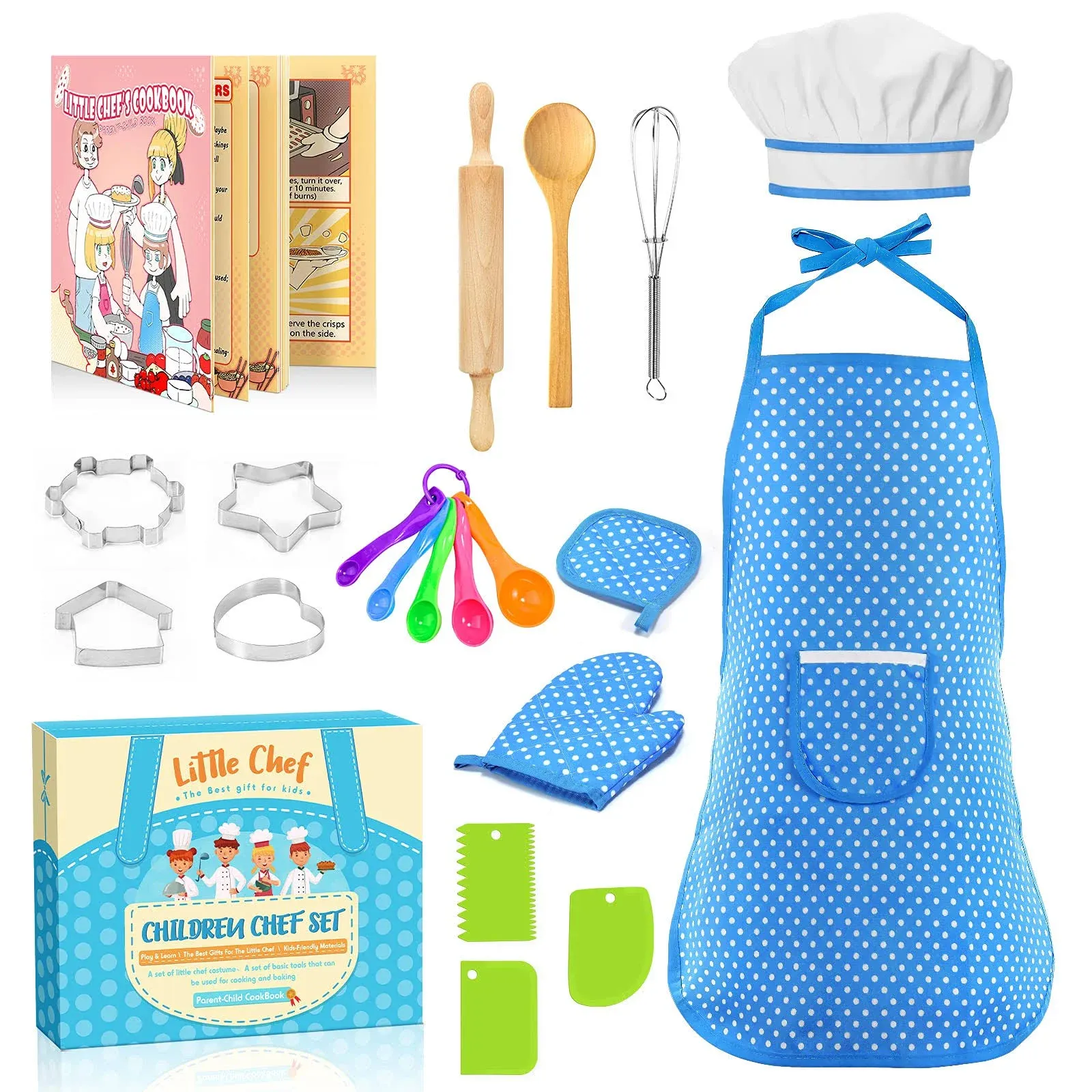 Toyze Apron for Kids Cooking Toys for 3-8 Year Old Girls Boys, Chef Costume for Kids Chef Hat and Apron,Birthday Gifts for Girls Boys 20 Pcs Blue-with Cookbook