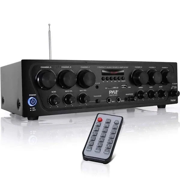 Pyle Wireless Bluetooth Karaoke-6 Channel 750 Watt Home Audio Sound Power Stereo Receiver Amplifier w/USB, Headphone, 2 Microphone Input w/Echo, Talkover for PA PTA62BT, AUX, Black