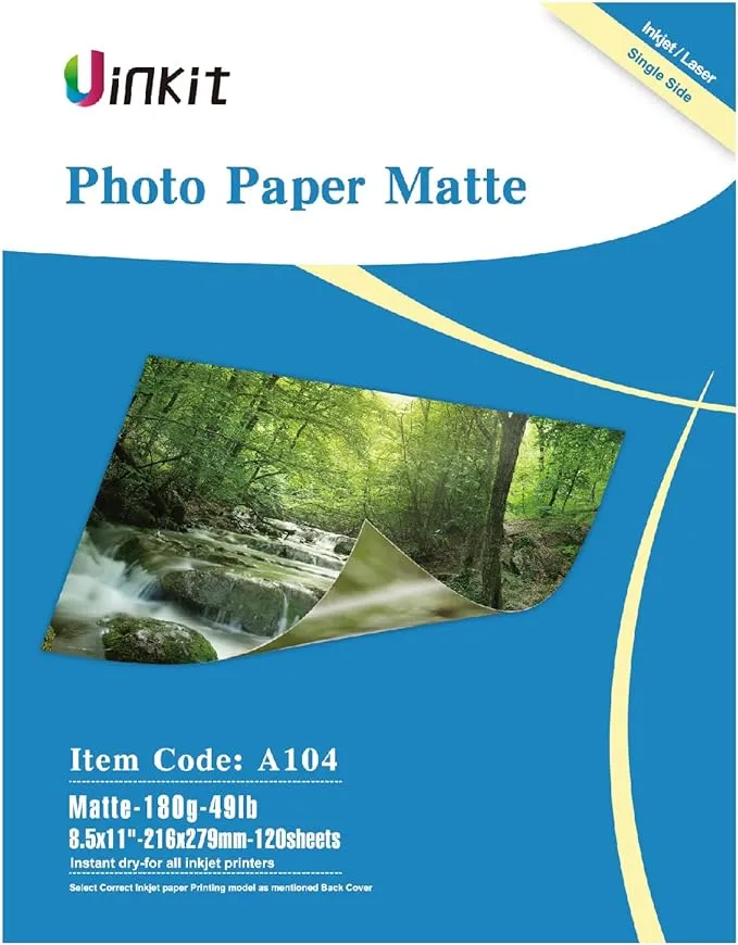 Uinkit 120 Sheets Presentation Paper Matte 8.5x11 Inkjet 48lb 180gsm Single Side Printable Photo for All Dye Ink Inkjet Printers