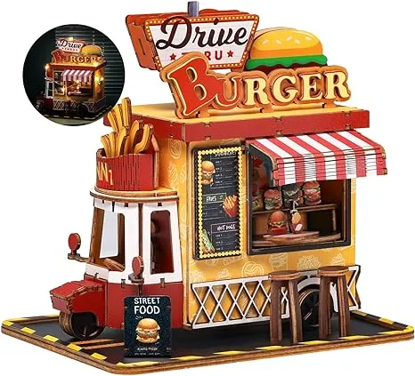 SainSmart Jr. DIY Miniature House Kit, Wooden Tiny Burger Truck with Dust Cover, Mini Model Dollhouse for Adults to Build, 3D Crafts Set for Beginner