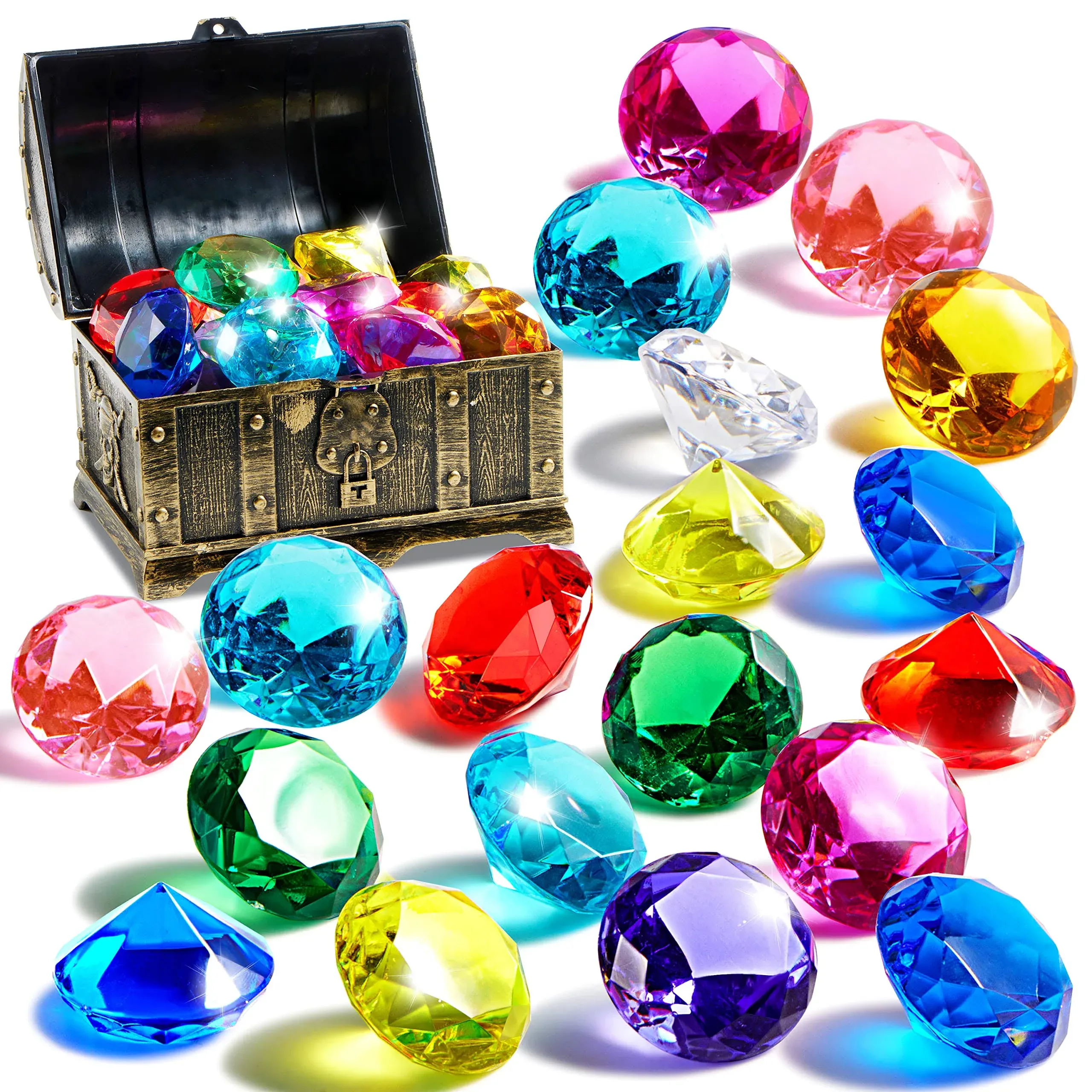 Sloosh Diving Gem Pool Toys 16 Big Colorful Diamond with Pirate Treasure Chest