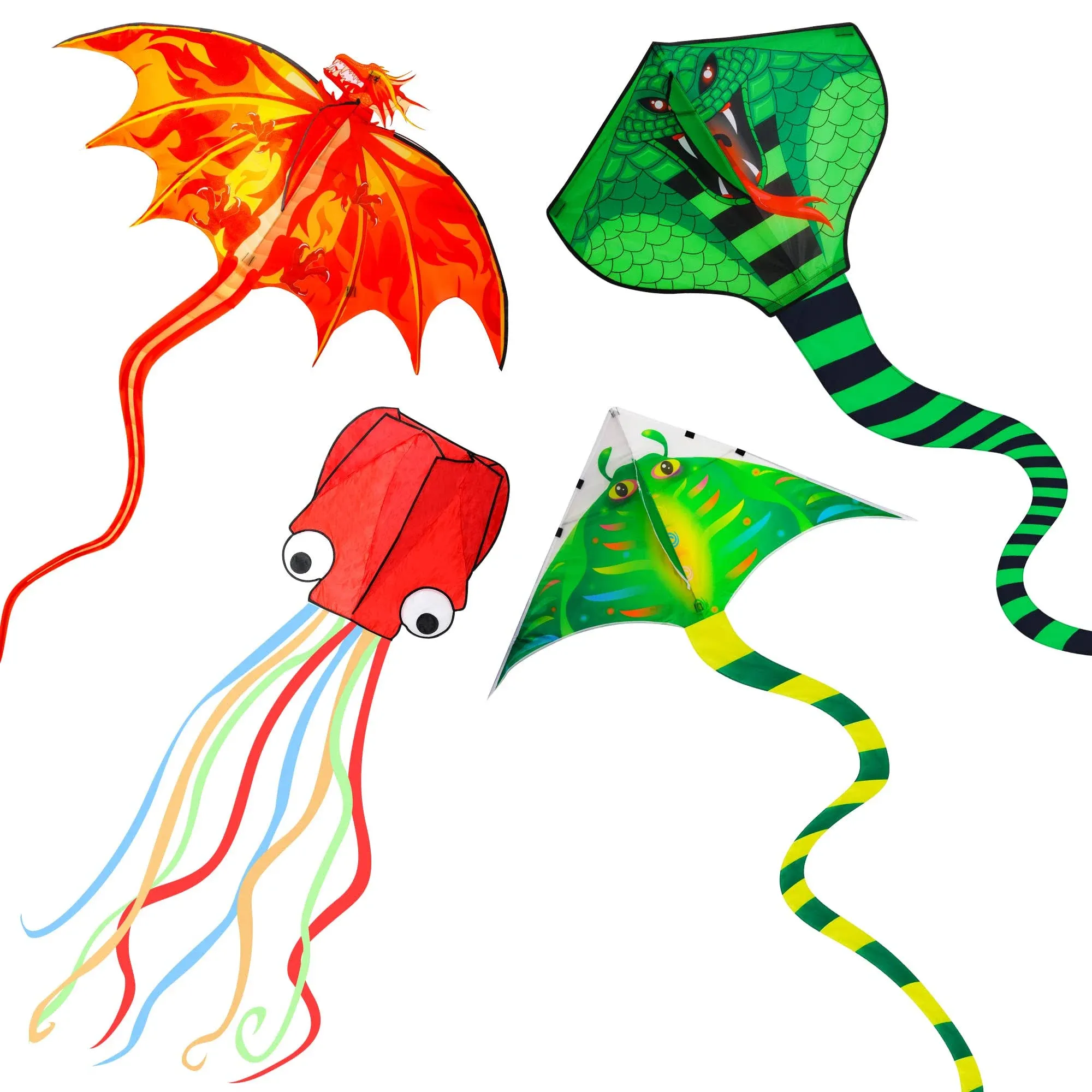 Crogift 4 Pack Kites - Large Fire Dragon Kite Green Snake Kite Devil Fish Kite ...