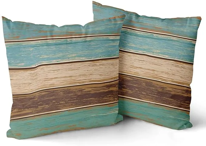 Wood Throw Pillow Cover Set of 2 Retro Rustic Teal Green Brown Pillow Case Cotton ...