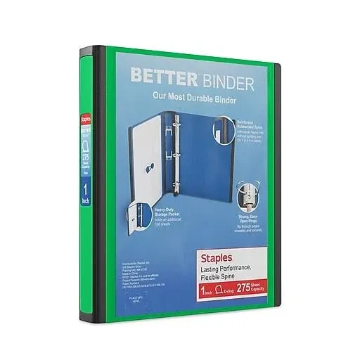 Staples 1" 3-Ring Better Binder, D-Ring, Green (19063)