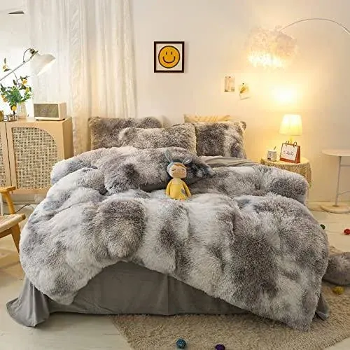 Shaggy Plush Duvet Cover Set Super Soft Fluffy Faux Fur Comforter Cover Set Luxury Fuzzy Bedding Set 3 Piece(1Duvet Cover+2Pillowcases) with Zipper Closure(Full Size,Gray White Ombre)