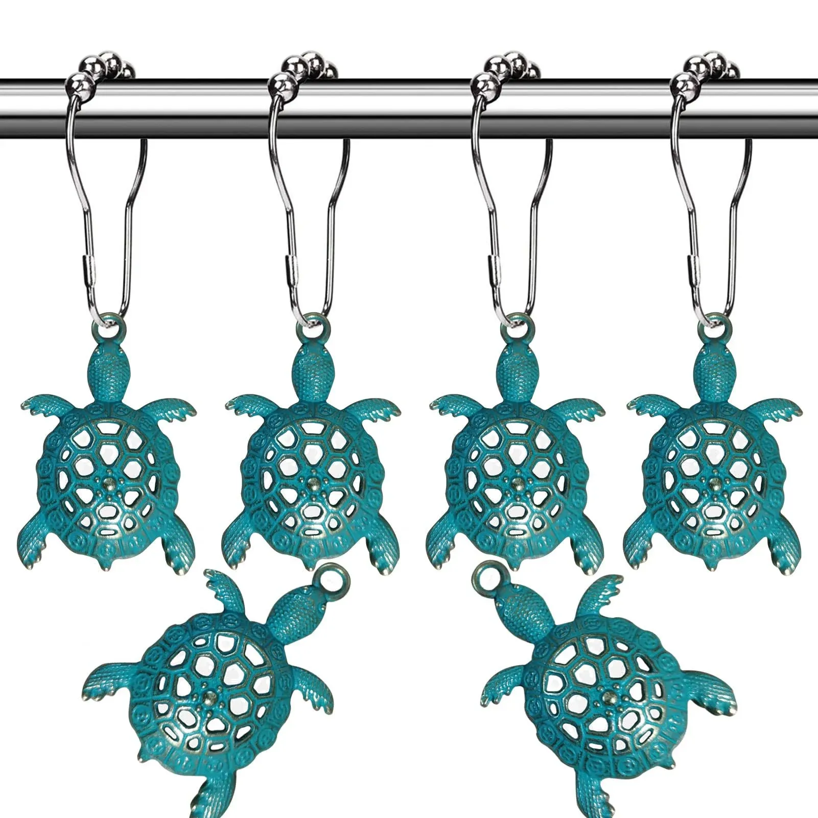 Nautical Green Sea Turtles Beach Theme Shower Curtain Hooks, Blue Ocean Decor Shower Hooks for Shower Curtain, Tropical Shower Curtain Rings Rust Proof Shower Curtain Hanger Clips