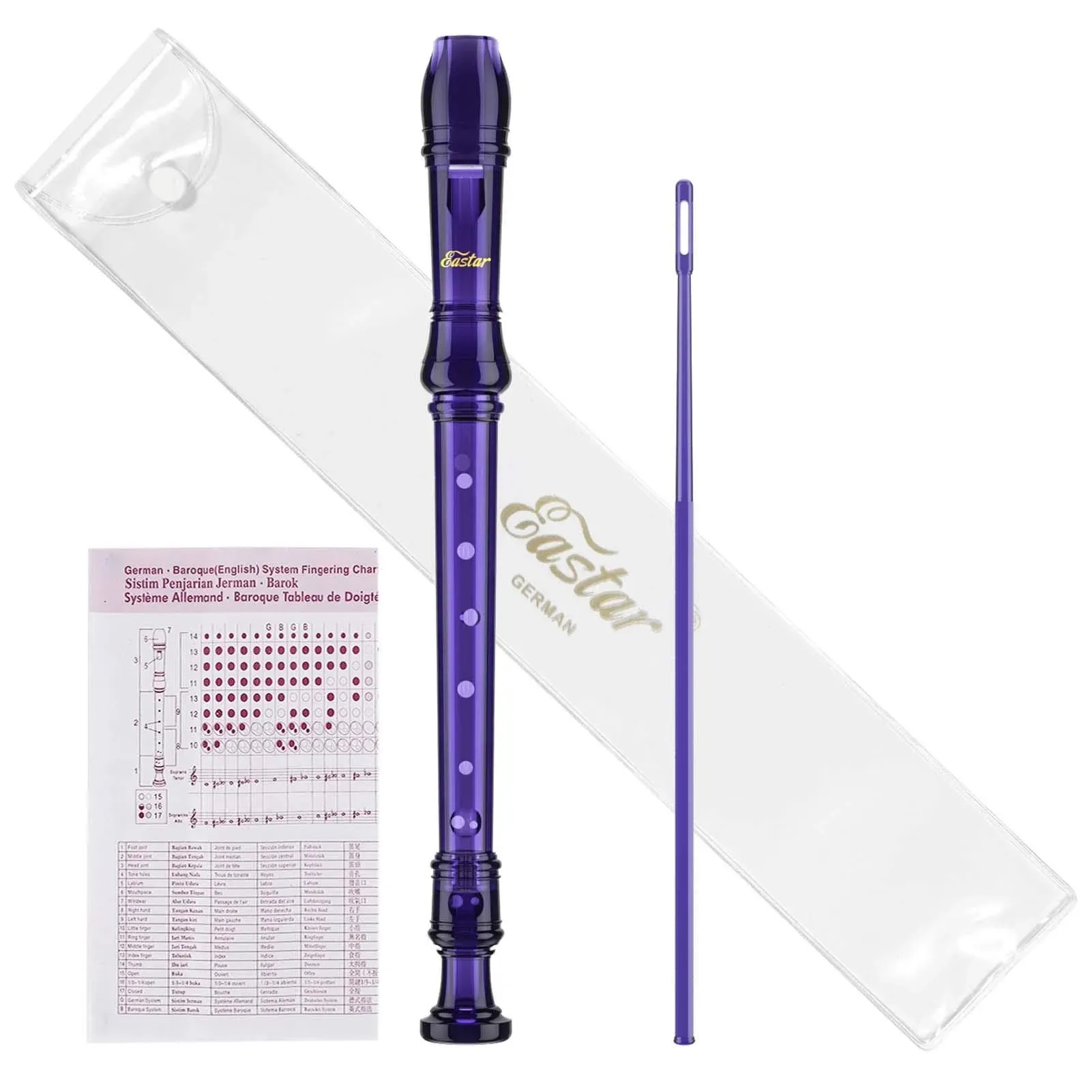 Eastar Soprano Recorder Instrument for Kids Students Beginners, German fingering C Key Recorder Instrument 3 Piece with Cleaning Kit, Storage Bag, Fingering Chart, ERS-1GPu, Purple, School-Approved