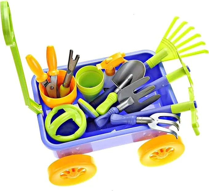 Dimple Kids Gardening Set Tools Wagon Toy - Premium 15 Piece Gardening Tools & Toddler Wagon Toy Set – Sturdy & Durable - Top Yard, Beach, Sand, Garden Toy - Outside Toys for Toddlers