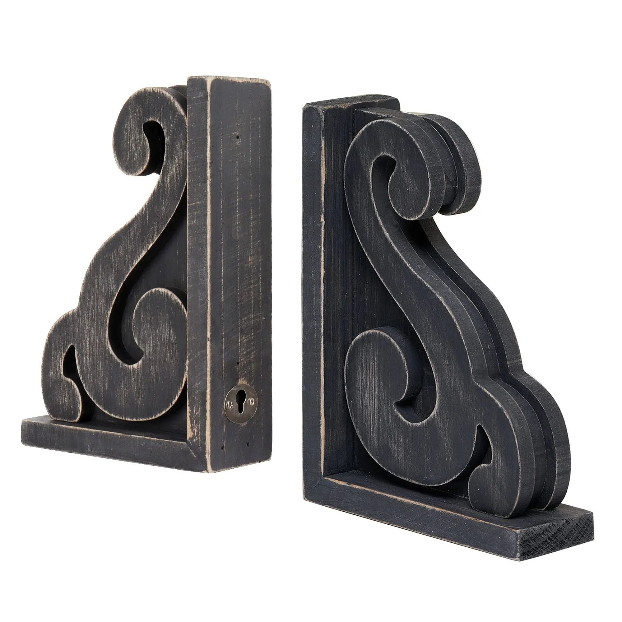 Rustic Distressed Vintage Scroll Corbel Bookends Farmhouse Black Wood Decorative