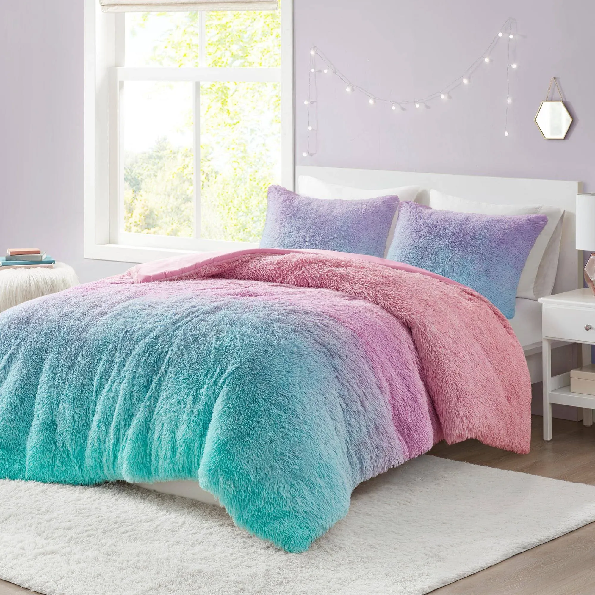 Primrose Ombre Shaggy Faux Fur Comforter Set - Purple Multi - Mi Zone