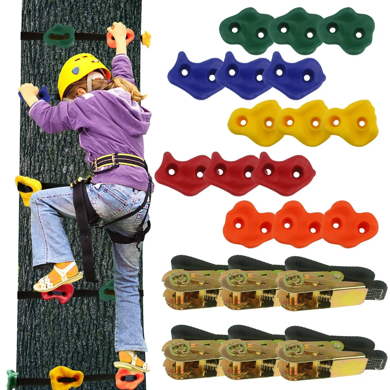 Ogrmar 15 Packs Ninja Tree Rock Climbing Holds Kits with 6 Ratchet Straps for Kids & Adults Outdoor Backyard Ninja Tree Obstacle Course Training