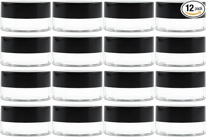 Cornucopia 7-Milliliter Clear Glass Balm Jars (12-Pack); 1/4 oz Cosmetic Jars with Lined Black Plastic Lids